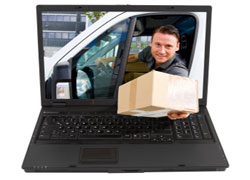 Man reaching through laptop computer to deliver package