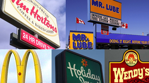 Multiple photos of the signs for Tim Hortons, Mr. Lube, McDonalds, Wendy's and Holiday Inn