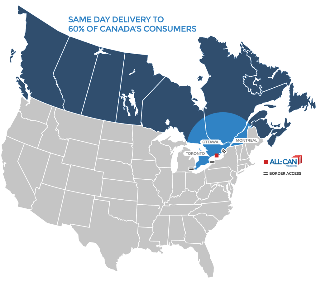 Map of Canada and US showing border access between countries at Michigan and New York,