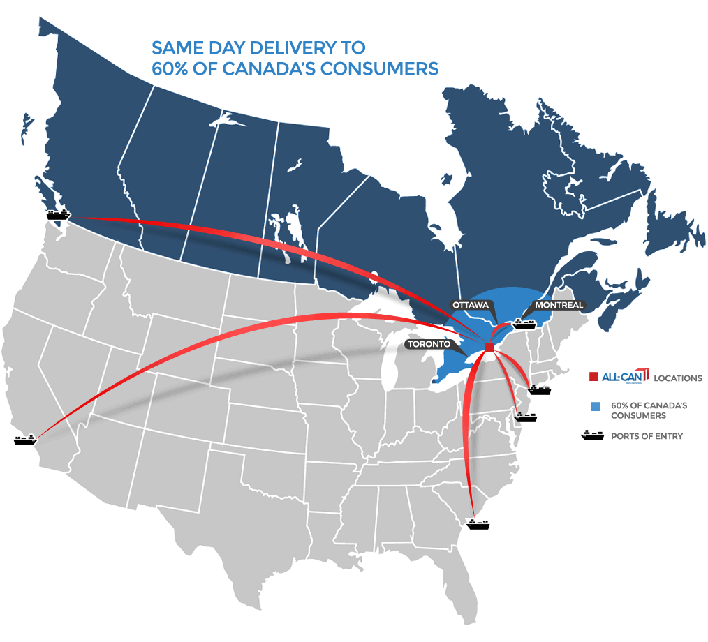 Map of Canada and US with multiple shipping ports (BC, Montreal, California, South Carolina, Delaware, Maryland) and 60% of Canada's consumers in Toronto, Ottawa and Montreal area.