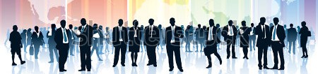 silhouette of business people standing in front of rainbow world map