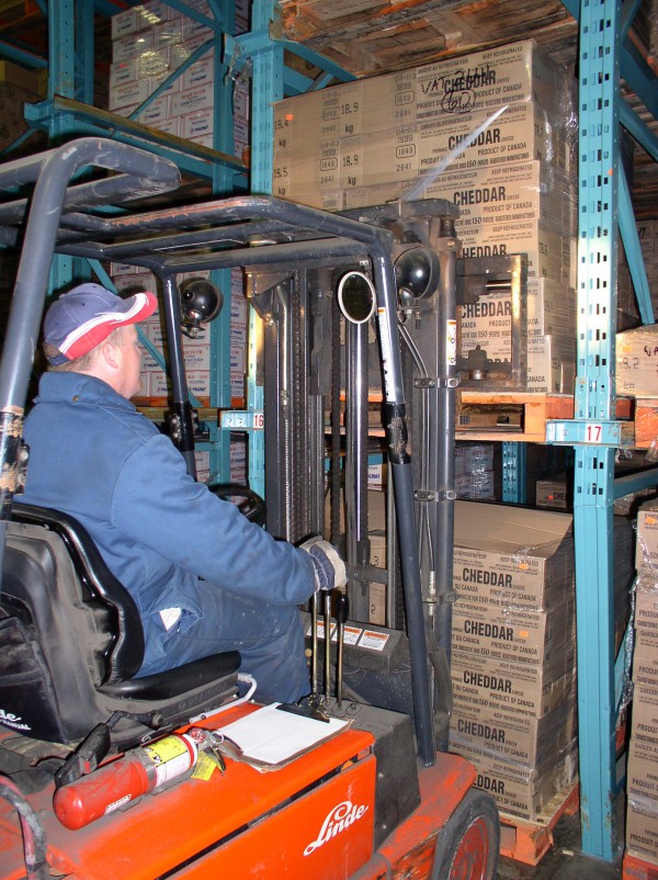 Man on forklift lifting boxes of cheddar